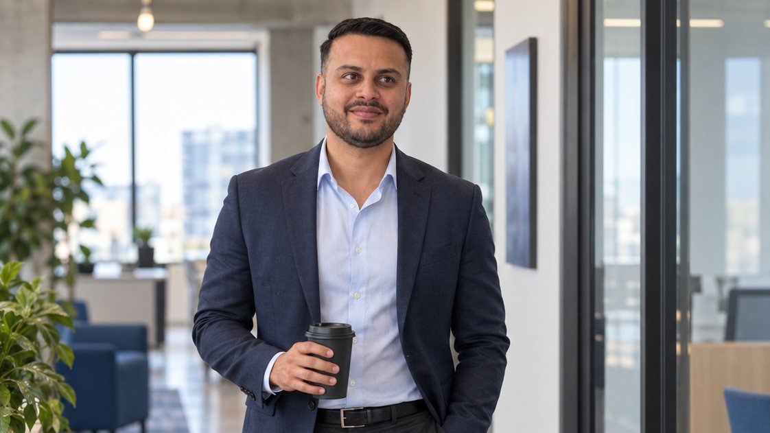 Dil Phagura walking through an office with a coffee in hand.